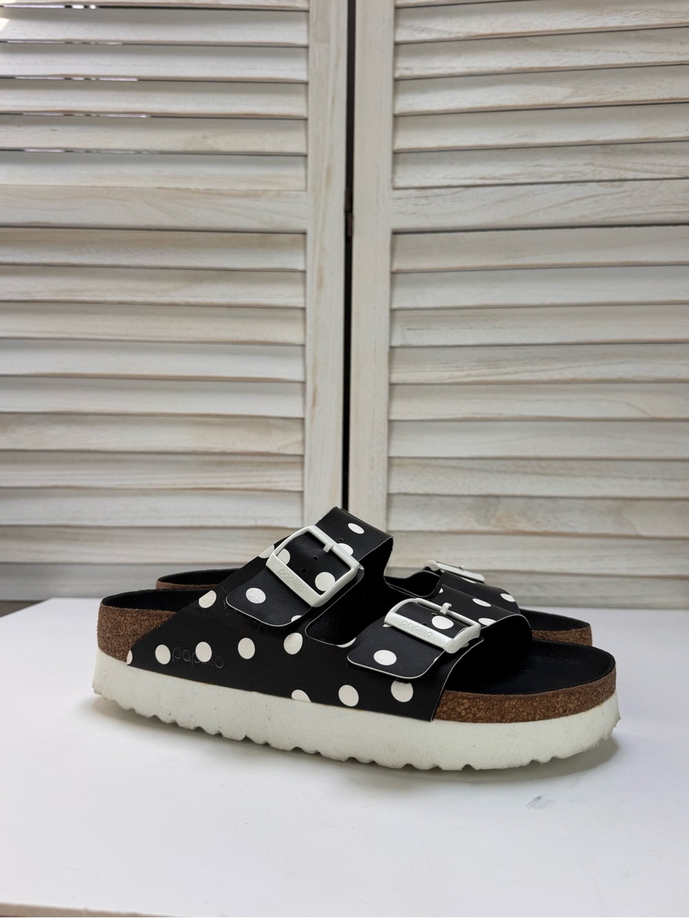 Papillio by Birkenstock Arizona Platform Sandals Black Polka Dot Leather EU 40
